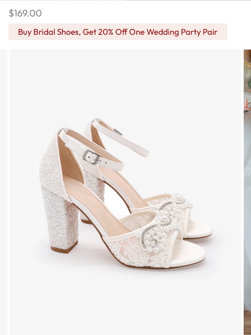 Lace & Pearl Block Heel Sandals with Ankle Strap - White